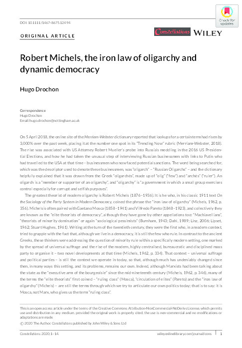 Robert Michels, the iron law of oligarchy and dynamic democracy Thumbnail