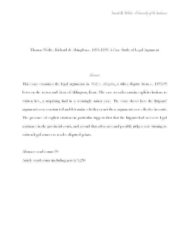 Thomas Wolf c. Richard de Abingdon,1293-1295: A Case Study of Legal Argument Thumbnail