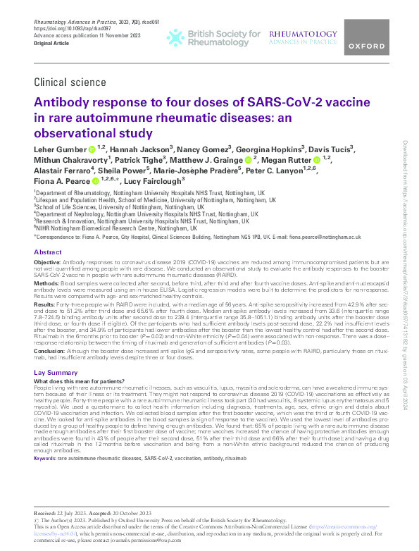 Antibody response to four doses of SARS-CoV-2 vaccine in rare autoimmune rheumatic diseases: an observational study Thumbnail