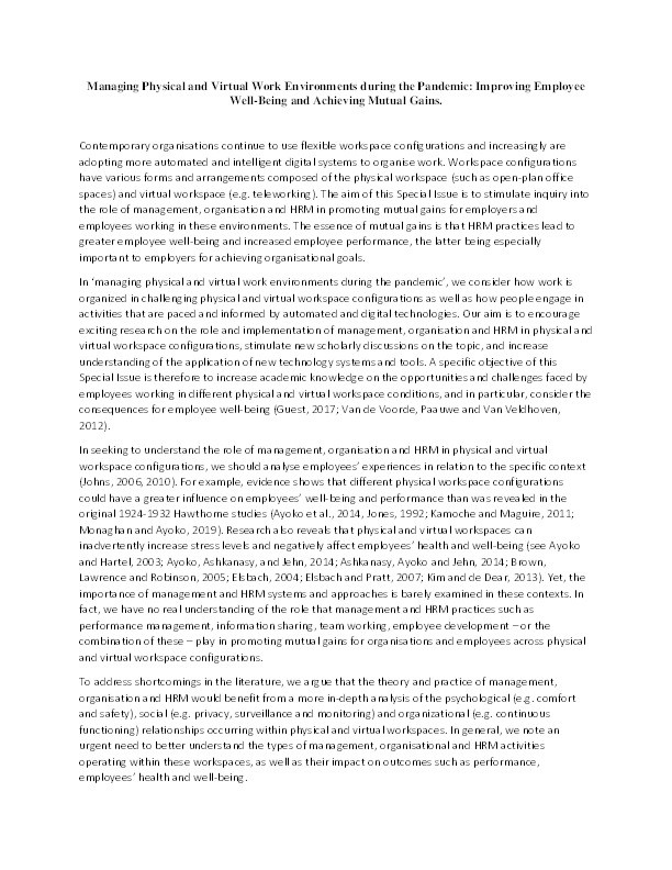 Managing physical and virtual work environments during the COVID-19 pandemic: improving employee well-being and achieving mutual gains Thumbnail