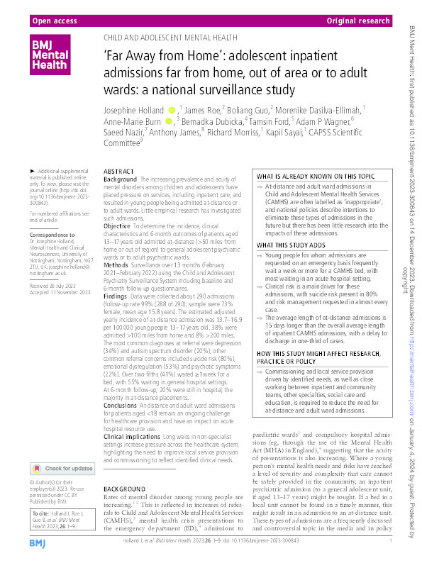 "Far Away from Home": Adolescent inpatient admissions far from home, out- of-area or to adult wards: A national surveillance study.) in collaboration with the CAPSS Scientific Committee Thumbnail