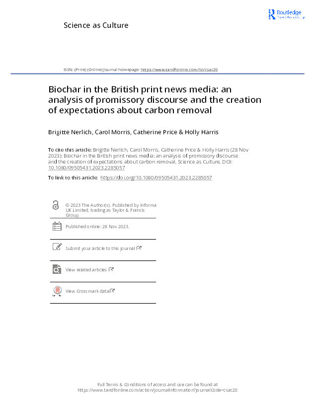 Biochar in the British print news media: an analysis of promissory discourse and the creation of expectations about carbon removal Thumbnail