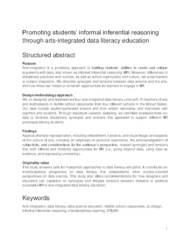 Promoting students’ informal inferential reasoning through arts-integrated data literacy education Thumbnail