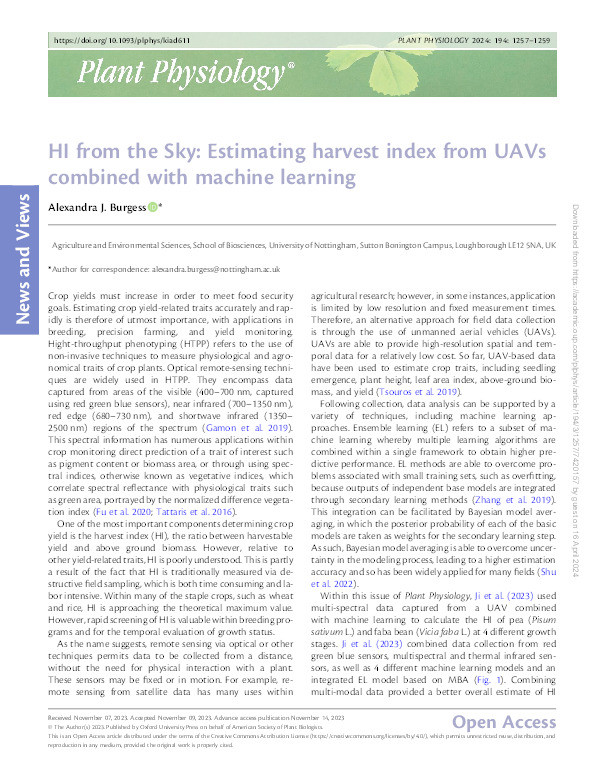 HI from the Sky: Estimating harvest index from UAVs combined with machine learning Thumbnail