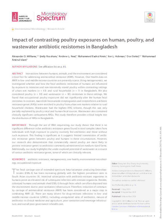 Impact of contrasting poultry exposures on human, poultry, and wastewater antibiotic resistomes in Bangladesh Thumbnail