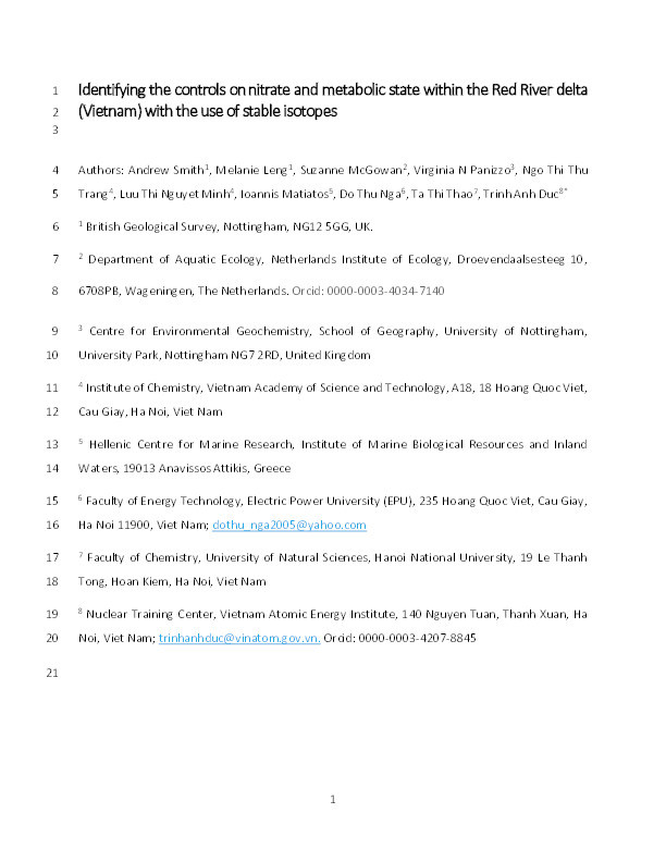 Identifying the controls on nitrate and metabolic state within the Red River delta (Vietnam) with the use of stable isotopes Thumbnail