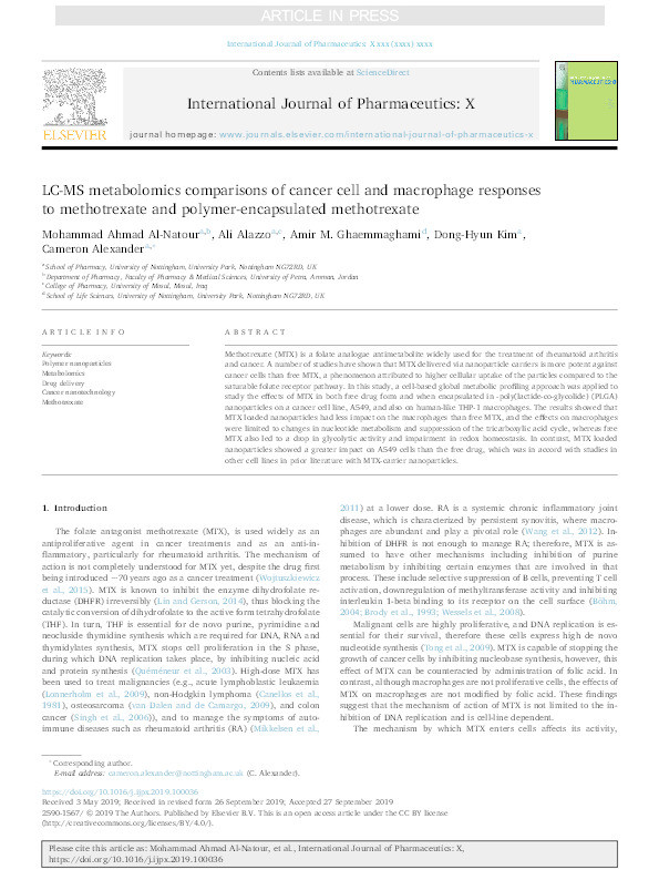 LC-MS metabolomics comparisons of cancer cell and macrophage responses to methotrexate and polymer-encapsulated methotrexate Thumbnail