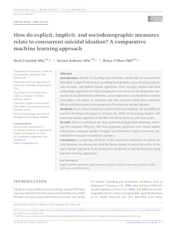 How do explicit, implicit, and sociodemographic measures relate to concurrent suicidal ideation? A comparative machine learning approach Thumbnail