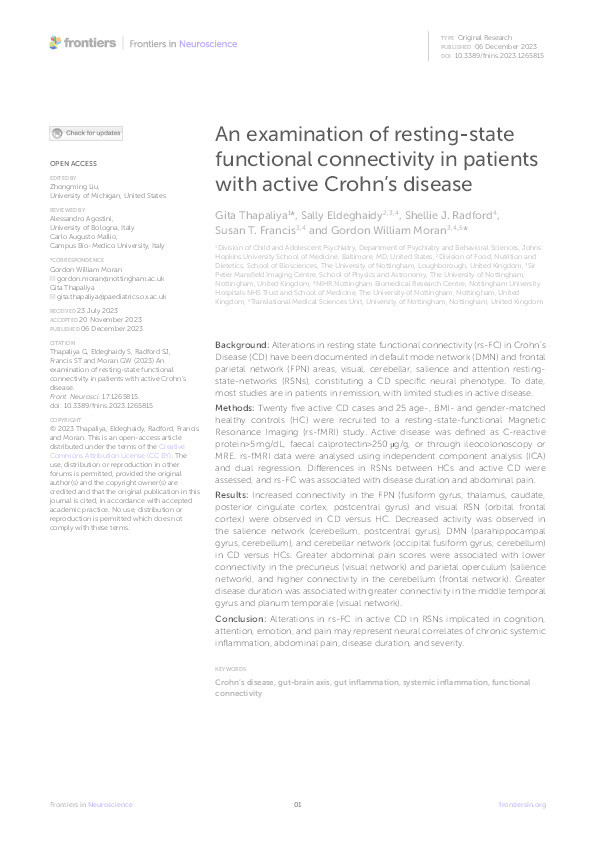 An examination of resting-state functional connectivity in patients with active Crohn's disease Thumbnail