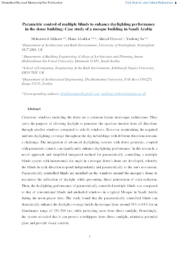 Parametric control of multiple blinds to enhance daylighting performance in the dome building: Case study of a mosque building in Saudi Arabia Thumbnail