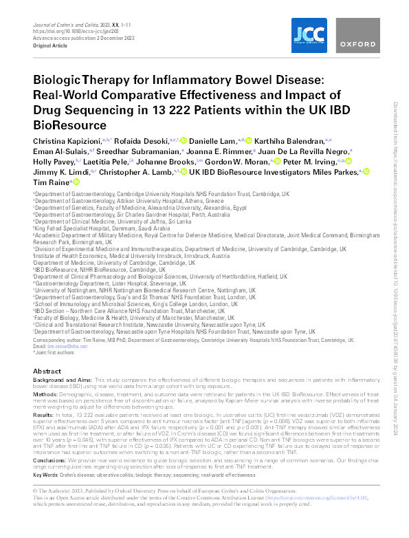 Biologic therapy for inflammatory bowel disease: Real-world comparative effectiveness and impact of drug sequencing in 13,222 patients within the UK IBD BioResource Thumbnail