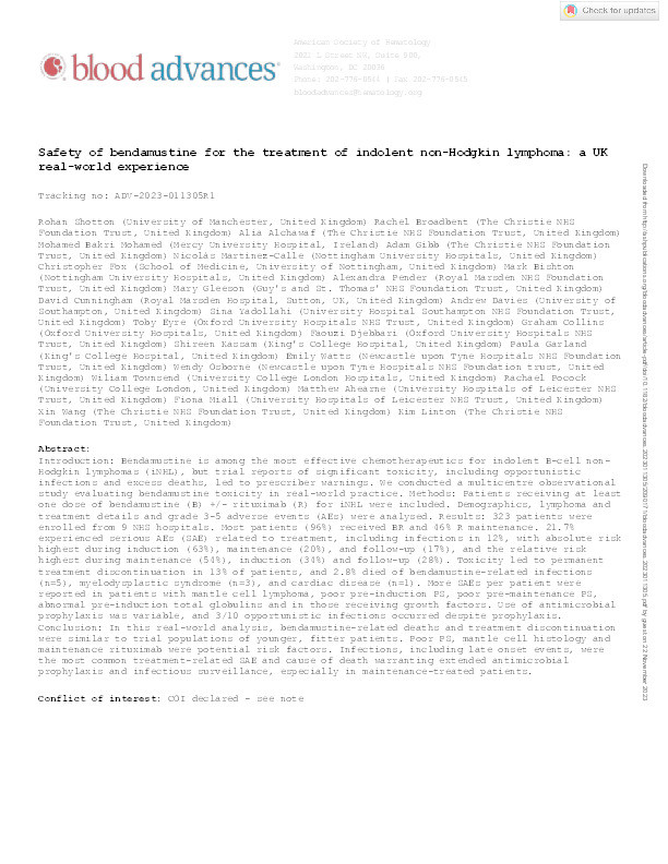 Safety of bendamustine for the treatment of indolent non-Hodgkin lymphoma: a UK real-world experience Thumbnail