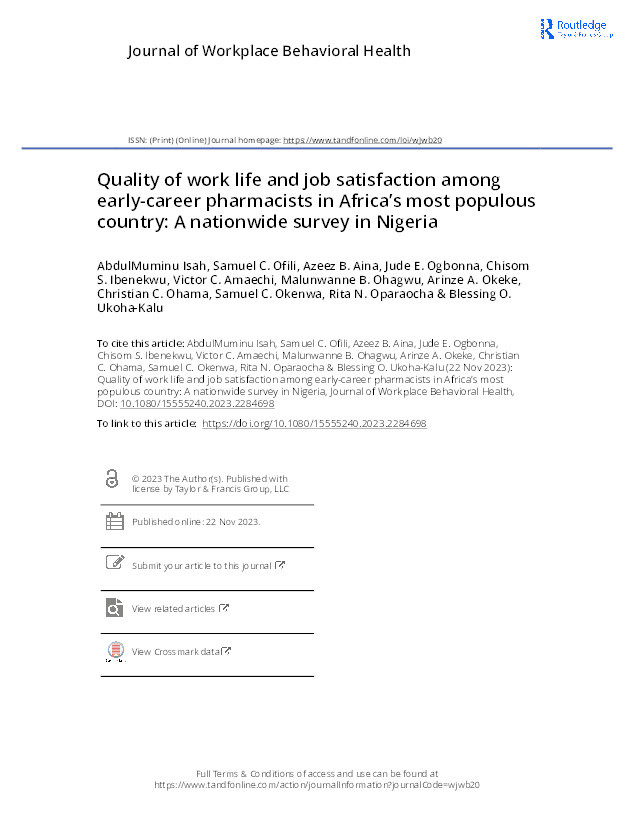 Quality of work life and job satisfaction among early-career pharmacists in Africa’s most populous country: A nationwide survey in Nigeria Thumbnail