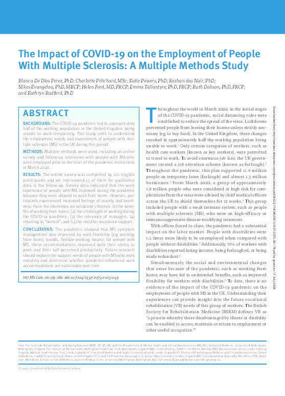 The Impact of COVID-19 on the Employment of People With Multiple Sclerosis: A Multi-Methods Study Thumbnail