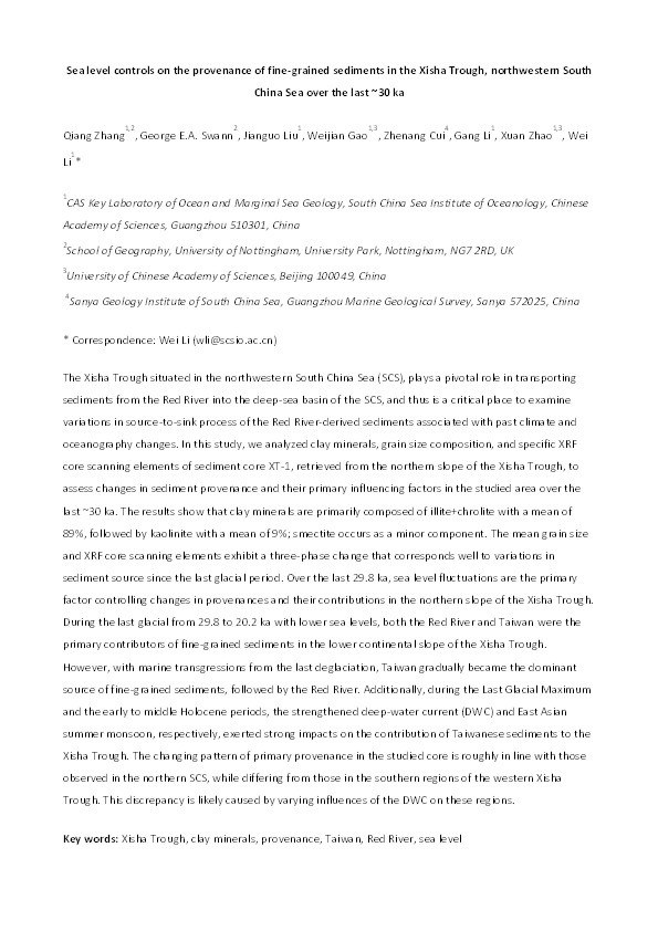 Sea level controls on the provenance of fine-grained sediments in the Xisha Trough, northwestern South China Sea over the last ~30 ka Thumbnail