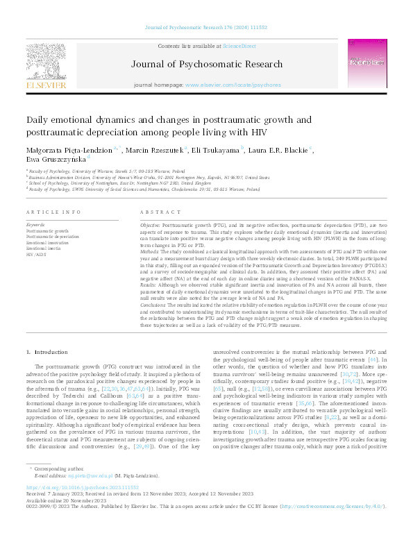 Daily emotional dynamics and changes in posttraumatic growth and posttraumatic depreciation among people living with HIV Thumbnail