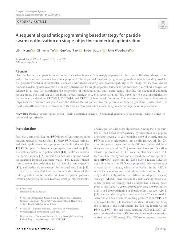 A sequential quadratic programming based strategy for particle swarm optimization on single-objective numerical optimization Thumbnail