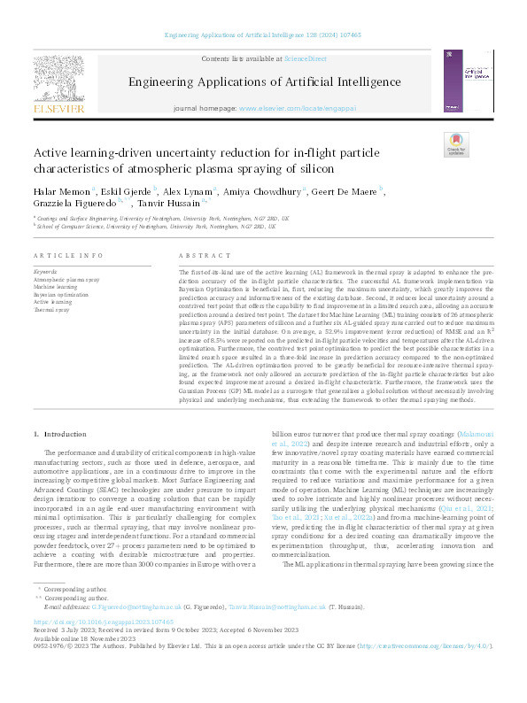 Active learning-driven uncertainty reduction for in-flight particle characteristics of atmospheric plasma spraying of silicon Thumbnail