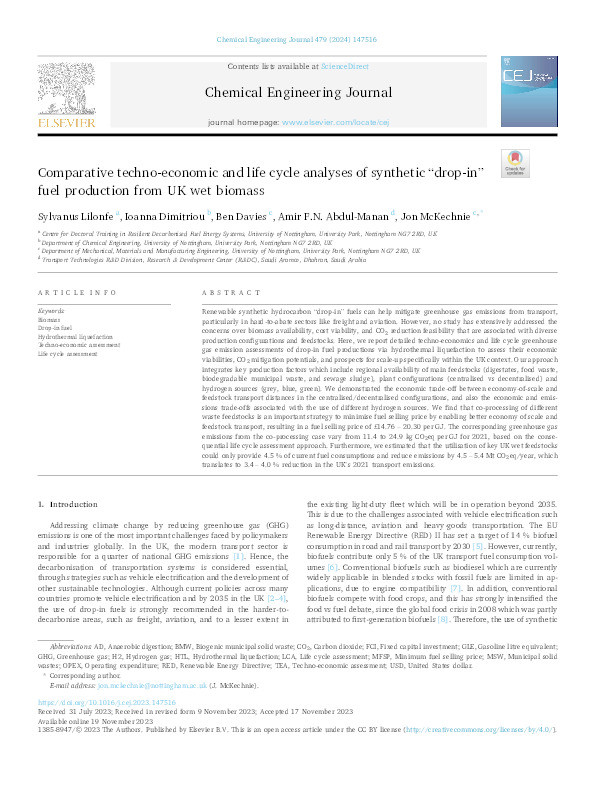 Comparative techno-economic and life cycle analyses of synthetic “drop-in” fuel production from UK wet biomass Thumbnail