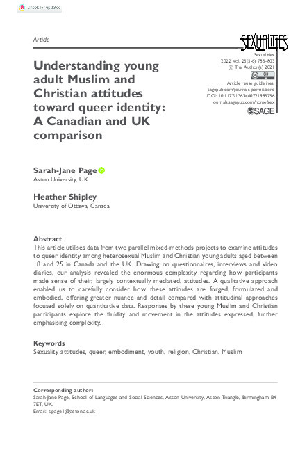 Understanding young adult Muslim and Christian attitudes toward queer identity: A Canadian and UK comparison Thumbnail