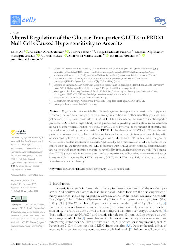 Altered Regulation of the Glucose Transporter GLUT3 in PRDX1 Null Cells Caused Hypersensitivity to Arsenite Thumbnail