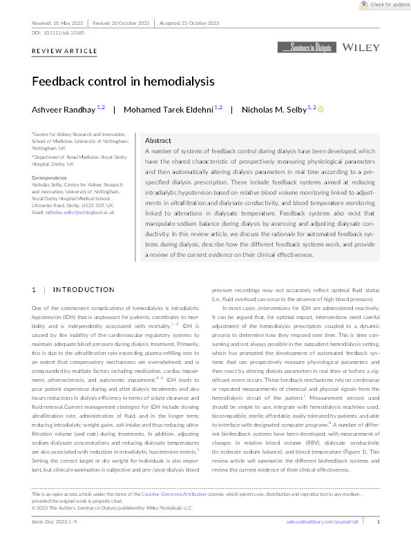 Feedback control in hemodialysis Thumbnail