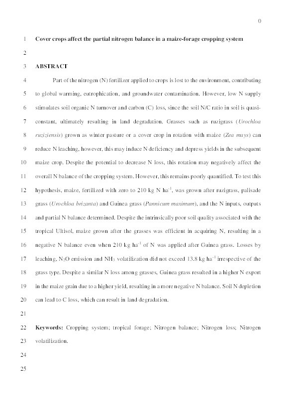 Cover crops affect the partial nitrogen balance in a maize-forage cropping system Thumbnail