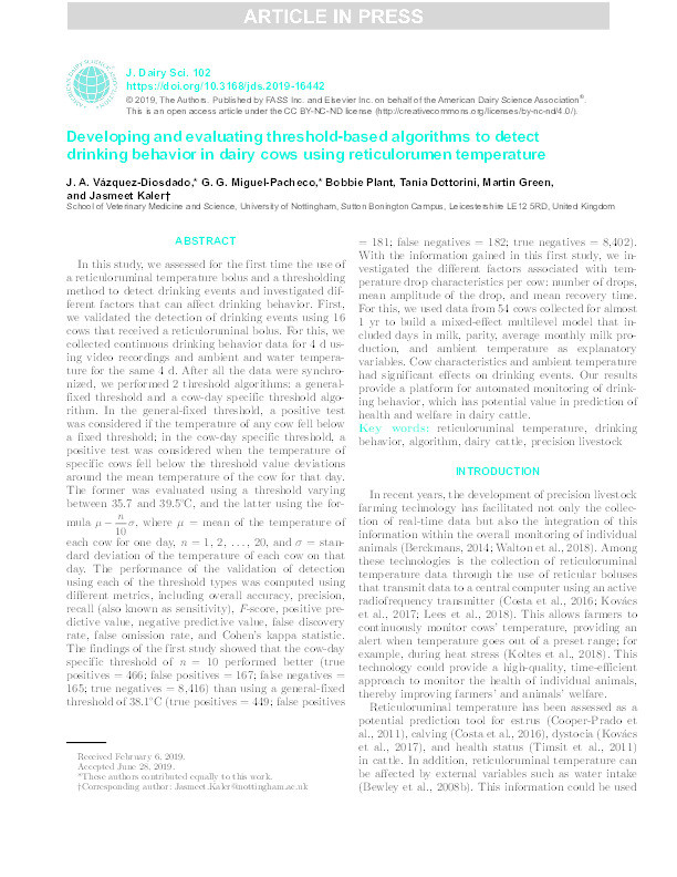 Developing and evaluating threshold-based algorithms to detect drinking behavior in dairy cows using reticulorumen temperature Thumbnail