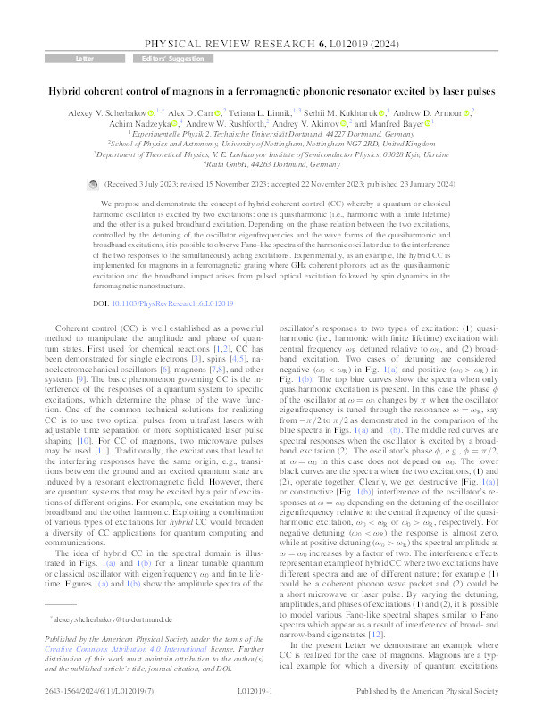 Hybrid coherent control of magnons in a ferromagnetic phononic resonator excited by laser pulses Thumbnail