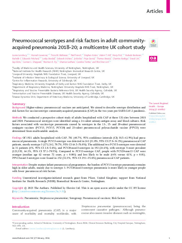 Pneumococcal serotypes and risk factors in adult community-acquired pneumonia 2018–20; a multicentre UK cohort study Thumbnail