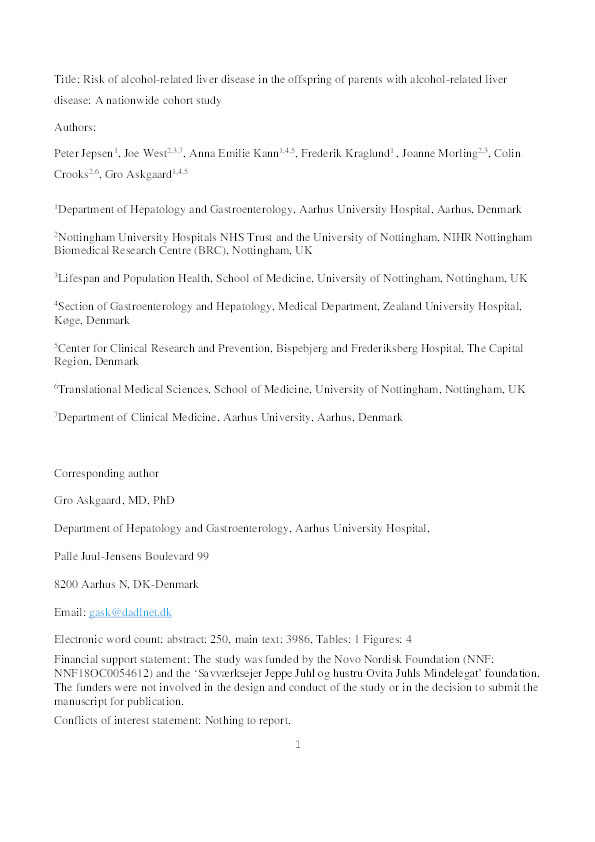 Risk of alcohol-related liver disease in the offspring of parents with alcohol-related liver disease: A nationwide cohort study Thumbnail