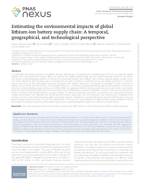 Estimating the environmental impacts of global lithium-ion battery supply chain: A temporal, geographical, and technological perspective Thumbnail