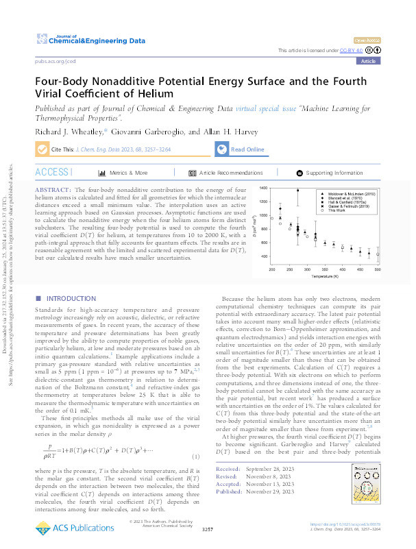 Four-Body Nonadditive Potential Energy Surface and the Fourth Virial Coefficient of Helium Thumbnail