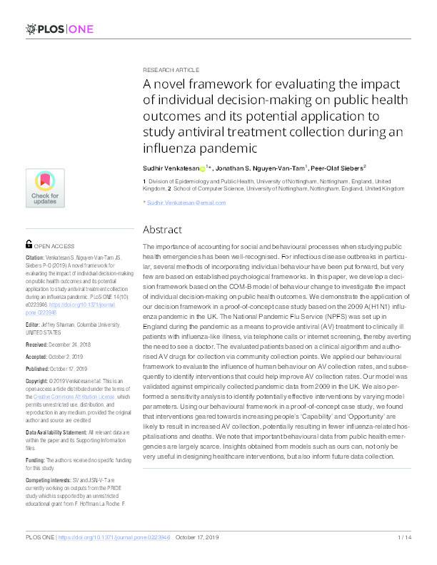 A novel framework for evaluating the impact of individual decision-making on public health outcomes and its potential application to study antiviral treatment collection during an influenza pandemic Thumbnail