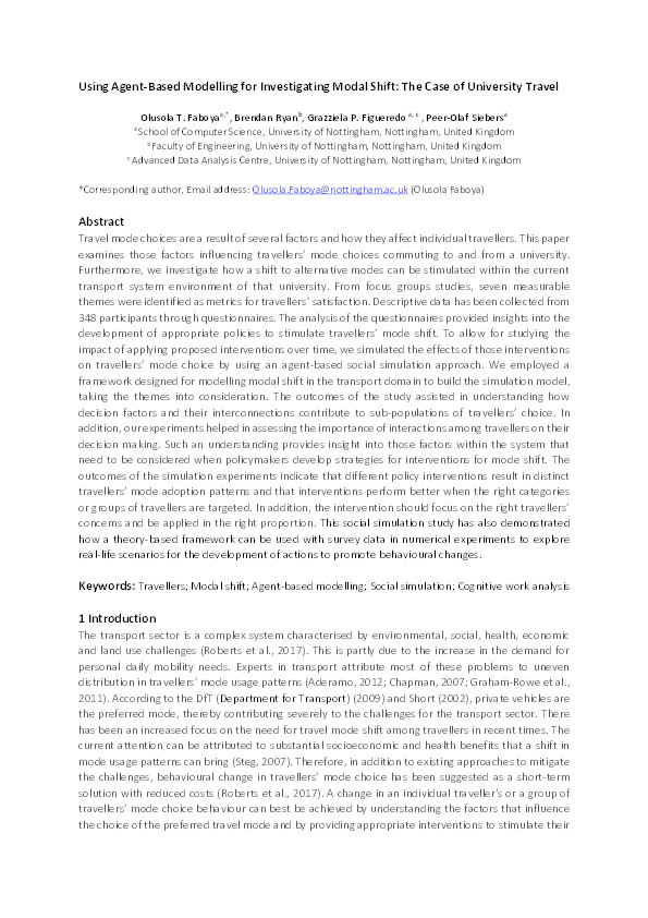 Using agent-based modelling for investigating modal shift: The case of university travel Thumbnail