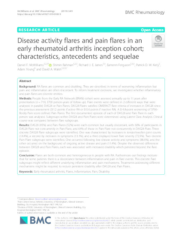 Disease Activity Flares and Pain Flares in an early rheumatoid arthritis inception cohort; characteristics, antecedents and sequelae Thumbnail