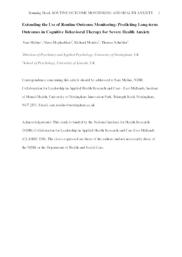 Extending the use of routine outcome monitoring: Predicting long-term outcomes in cognitive behavioral therapy for severe health anxiety Thumbnail
