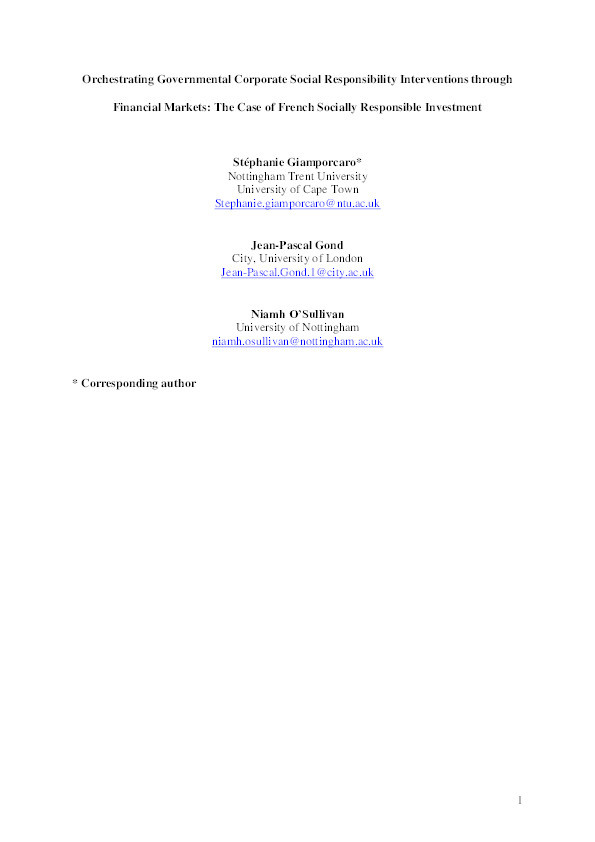 Orchestrating Governmental Corporate Social Responsibility Interventions through Financial Markets: The Case of French Socially Responsible Investment Thumbnail