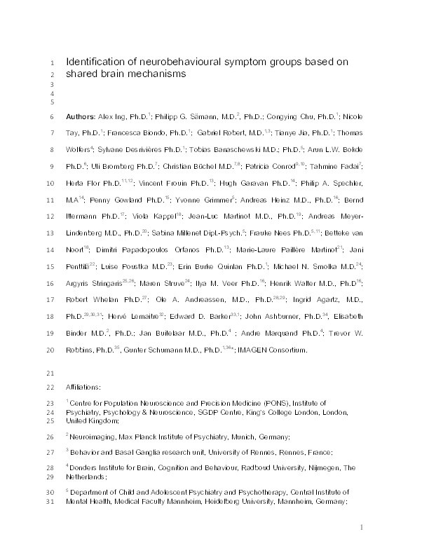 Identification of neurobehavioural symptom groups based on shared brain mechanisms Thumbnail