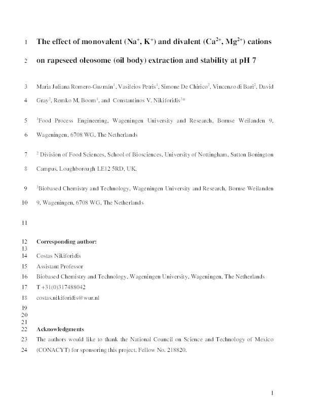 The effect of monovalent (Na+, K+) and divalent (Ca2+, Mg2+) cations on rapeseed oleosome (oil body) extraction and stability at pH 7 Thumbnail