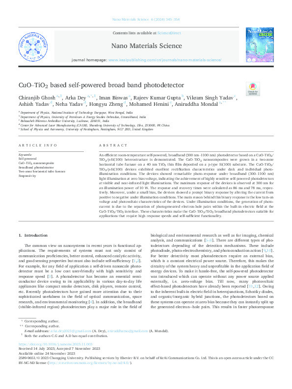 CuO–TiO2 based self-powered broad band photodetector Thumbnail