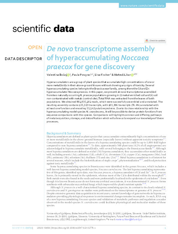 De novo transcriptome assembly of hyperaccumulating Noccaea praecox for gene discovery Thumbnail