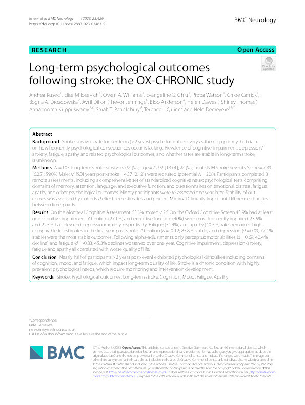 Long-term psychological outcomes following stroke: the OX-CHRONIC study Thumbnail