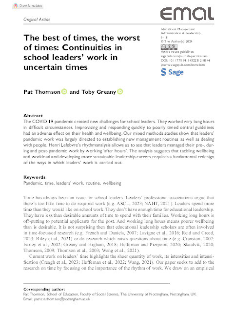 The best of times, the worst of times: Continuities in school leaders' work in uncertain times Thumbnail