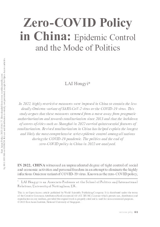 Zero-COVID Policy in China: Epidemic Control and the Mode of Politics Thumbnail