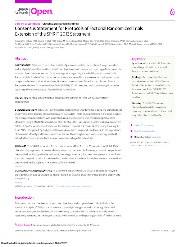 Consensus Statement for Protocols of Factorial Randomized Trials: Extension of the SPIRIT 2013 Statement Thumbnail