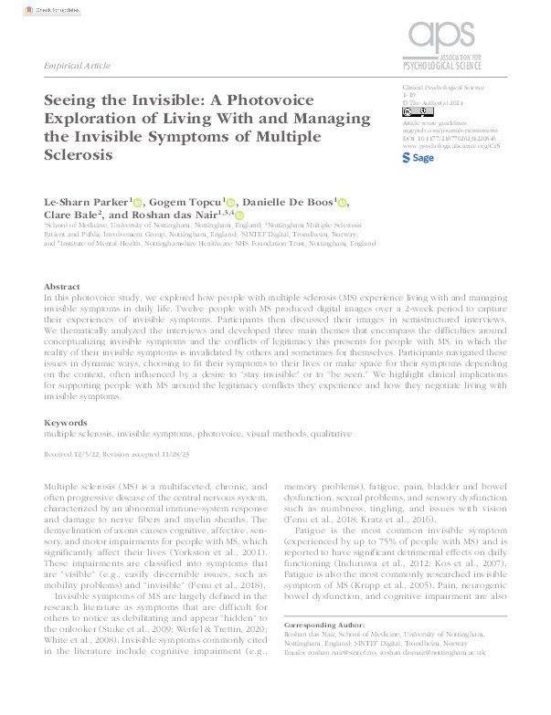 Seeing the Invisible: A Photovoice Exploration of Living With and Managing the Invisible Symptoms of Multiple Sclerosis Thumbnail