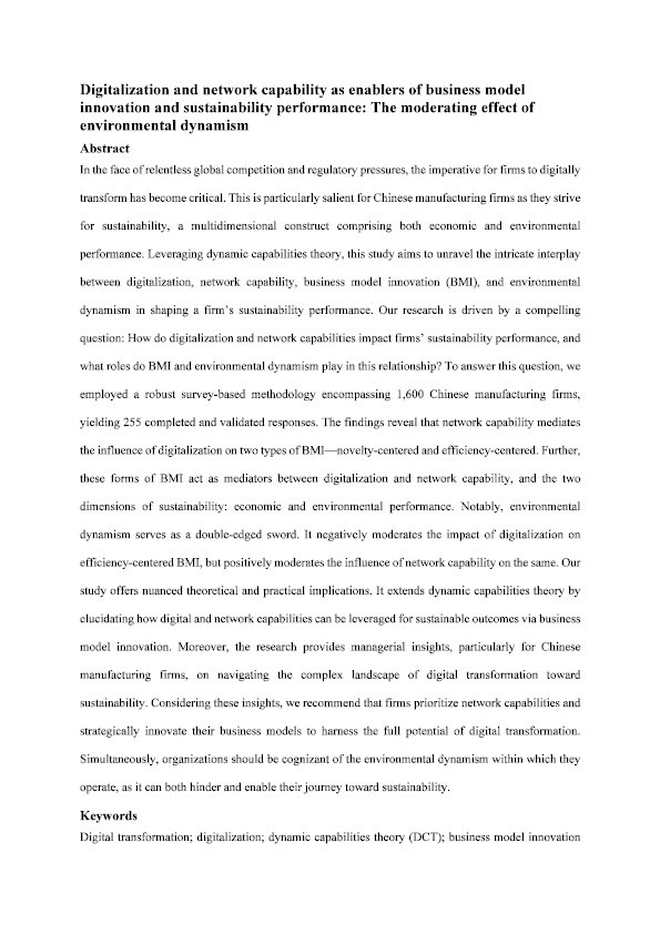 Digitalization and network capability as enablers of business model innovation and sustainability performance: the moderating effect of environmental dynamism Thumbnail