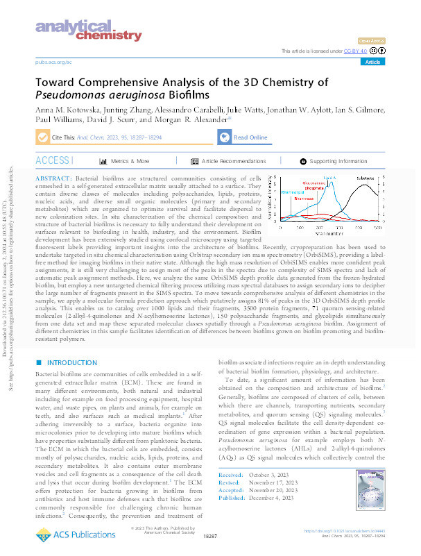 Toward Comprehensive Analysis of the 3D Chemistry of Pseudomonas aeruginosa Biofilms Thumbnail