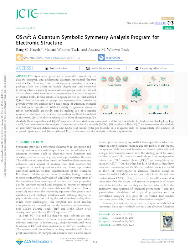 QSym²: A Quantum Symbolic Symmetry Analysis Program for Electronic Structure Thumbnail